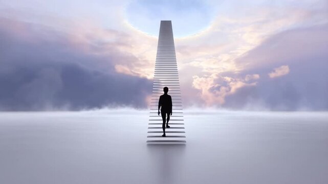 A staircase leading into glowing clouds with a human silhouette taking the first step, metaphor of comfort zone and career growth concept.