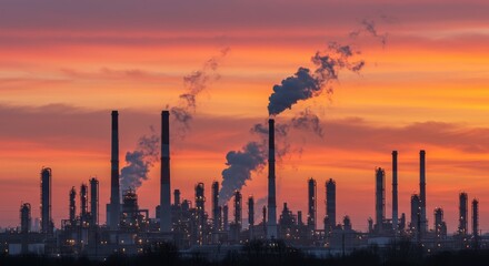 Naklejka premium Industrial complex silhouettes rise against a vibrant orange sunrise, emitting plumes of smoke.