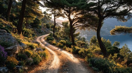 Sunlit winding path through lush forest, overlooking serene water