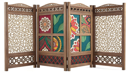 Four panel folding screen with floral fabric and geometric patterns in brown wooden frame design
