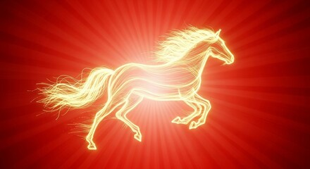 Golden glowing horse running on a red radiant background