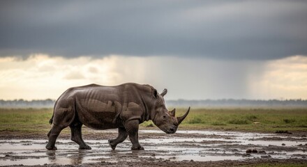 Fototapeta premium A solitary, massive, grey rhinoceros strides through shallow water in a grassy plain. Dark, stormy clouds loom above, hinting at rain