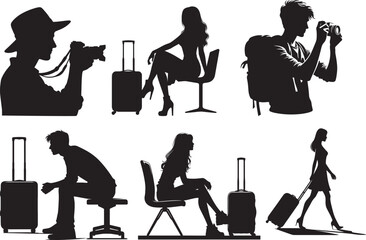 Traveler Silhouettes with Luggage, Photography, and Airport Waiting