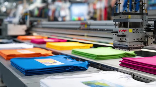 T shirts printing process in a contemporary facility featuring a variety of bright shirts arranged for production