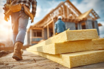 Construction worker with insulation at a new home construction site, providing materials for energy efficiency and environmental sustainability in housing development.