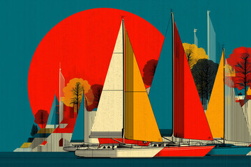 Sailboats with Red Sun