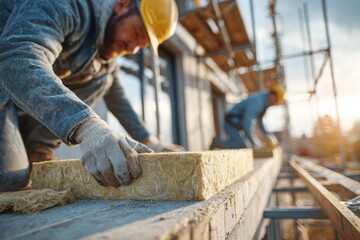 Construction workers insulating the exterior wall of a building with mineral wool, demonstrating energy efficiency and modern building techniques on a sunny day.