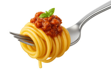 Fork lifting spaghetti with bolognese sauce and basil garnish on transparent background