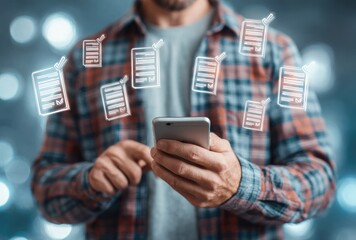 Man using smartphone with digital documents