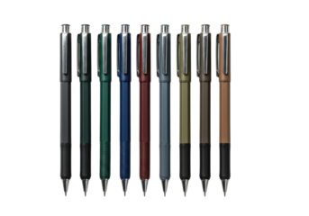 Eight well-used technical drawing pens in rich, distinct colors showing worn nibs, arranged vertically on a transparent background, concept of precision craftsmanship