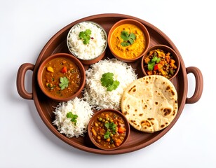 "Traditional Indian Clay Thali with Dal, Rice, Roti, Curry and Clay Glass on White Background &ndash; Top View Food Photography"