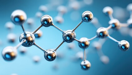 Close-up of metallic molecule structure on a science themed blue background