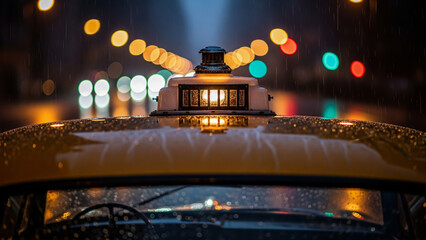 A close-up of a taxi sign on a wet cab roof in a rainy city at night
