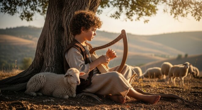 Boy with lamb under tree playing lyre. Biblical shepherd boy David, a future king, in ancient times.