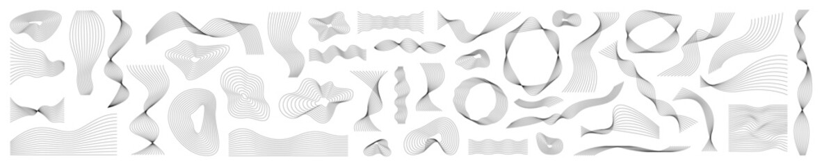 Obraz na płótnie Canvas Set of line elements shape design. Round lines. Halftone line elements shape. Minimalist line art wavy objects. Memphis design. Retro, commercial banner, poster, leaflet, billboard.