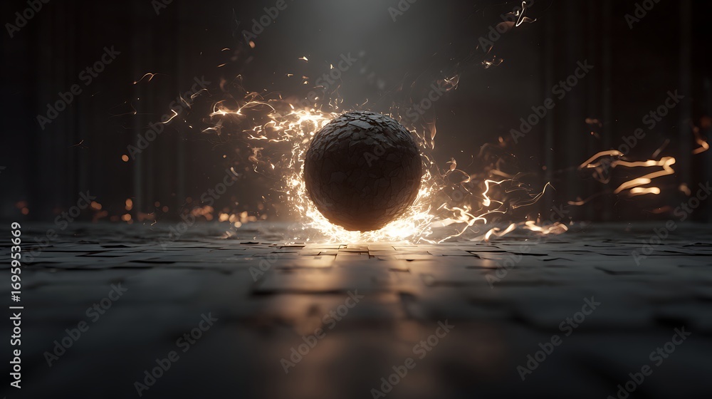 Poster an enigmatic sphere surrounded by fiery sparks, creating a captivating and dramatic scene that spark