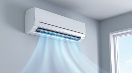 A modern white wall-mounted air conditioner unit is actively cooling a room, with visible blue air flow, next to a window showing a clear blue sky.