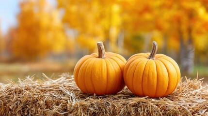 Two vibrant orange pumpkins sit atop a rustic hay bale, set against a blurred background of brilliant yellow autumn trees.