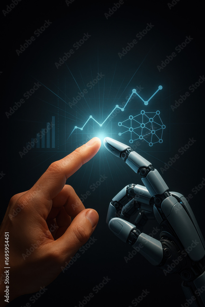 Poster human finger and robot finger touching with glowing data chart and network icons