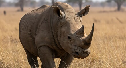 Fototapeta premium A large rhinoceros walks through a dry grassy field with trees in the background