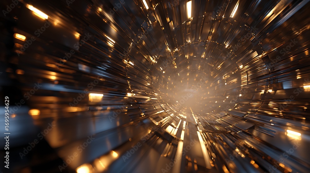 Poster dive into a futuristic tunnel of shimmering lights and metallic structures, where technology and art