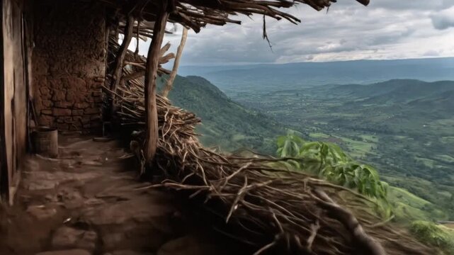 A weathered wooden stairway leads to a breathtaking vista of a valley nestled amongst lush green mountains.