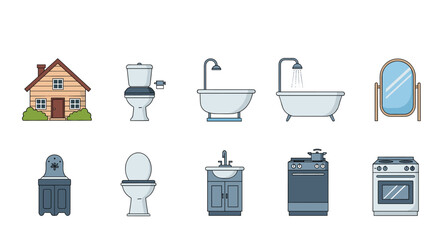Collection of pixel art icons representing home interiors and exterior elements