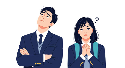 Young man and woman in school uniforms expressing frustration and confusion in a studio setting