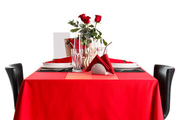 Served restaurant table with red roses on white background