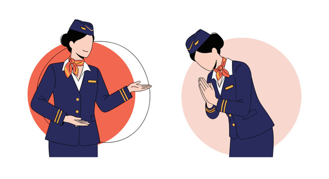 Professional airline cabin crew offering welcoming gestures and respectful greetings to travelers