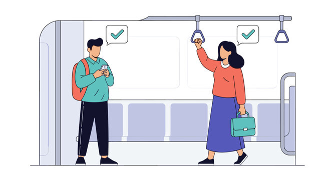 Public transportation etiquette and social distancing guidelines for commuters on a train