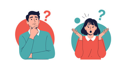 Two diverse people with question marks above their heads pondering and expressing surprise