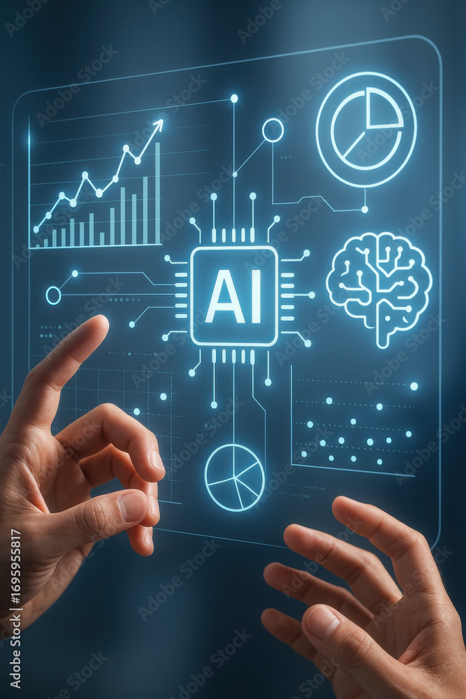 Poster artificial intelligence concept with human hands interacting with digital data charts