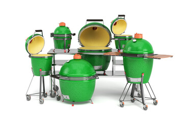 Set of barbecue green color BBQ grill with open lid  for outdoor prepare meat food 3d illustration on white