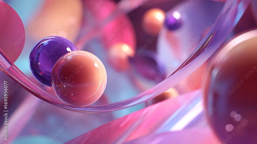 Poster abstract background with colorful spheres and ribbon, creating a vibrant and dynamic composition wit
