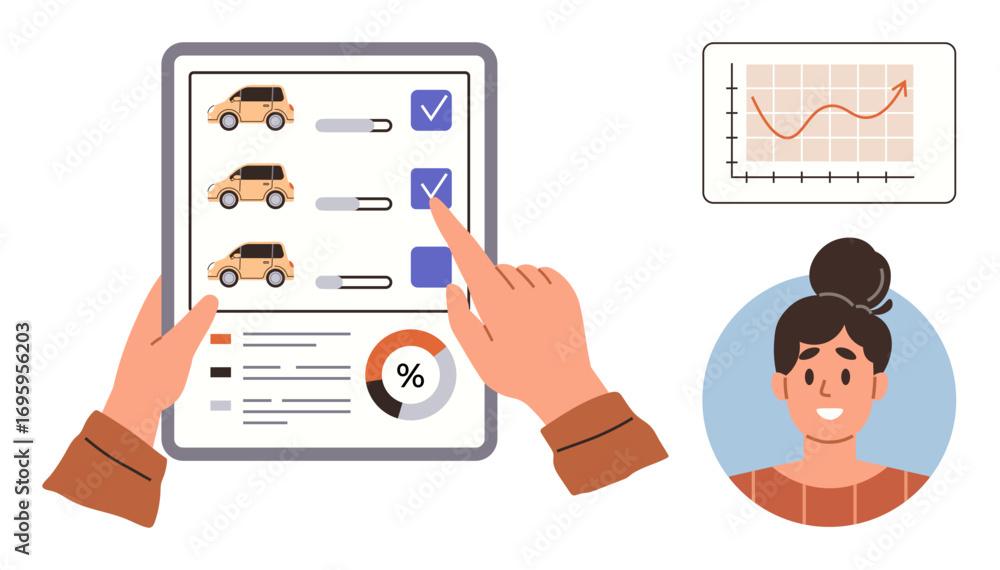 Poster hands reviewing car options on a checklist with visuals of performance graphs, percentage chart, and