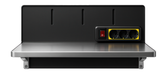 Wall-mounted workbench module with a built-in power strip for electronics assembly in a tech lab.