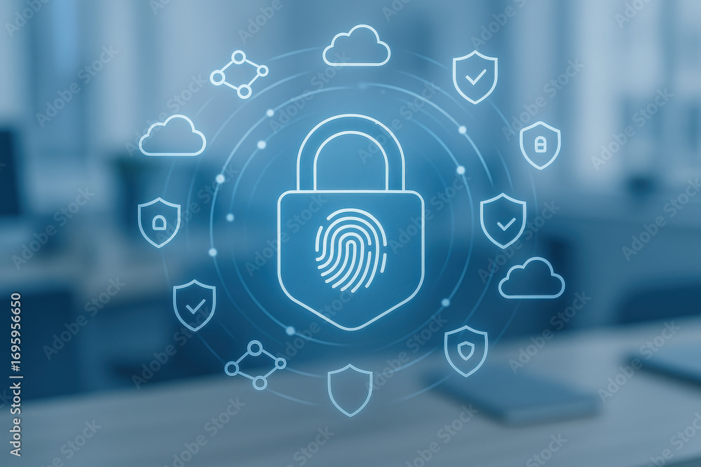 Poster fingerprint lock icon with cloud and shield symbols representing digital security and data