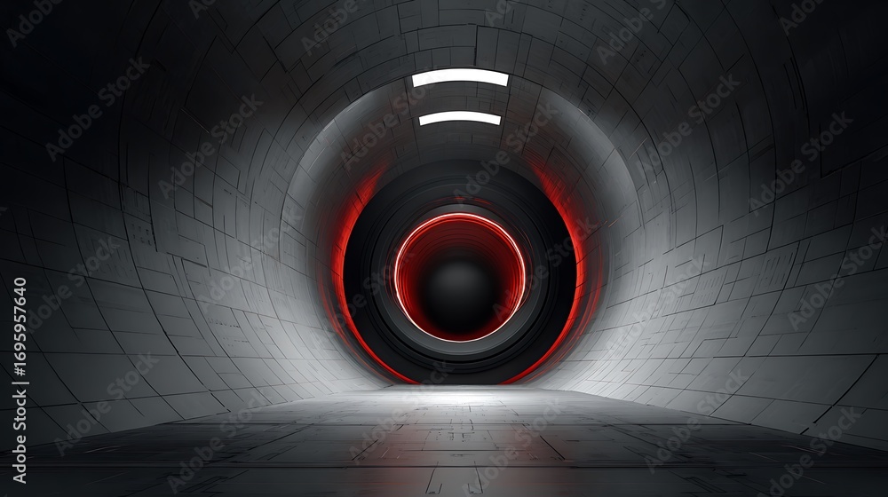 Poster abstract 3d render of a futuristic tunnel with a glowing red ring in the center, creating a sense of