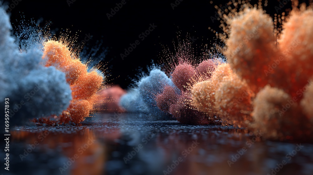 Poster a mesmerizing display of colorful powder explosions, creating a dynamic and visually stunning compos