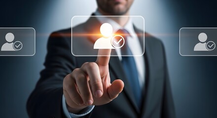 Businessman selecting a user profile from a digital interface with glowing icons