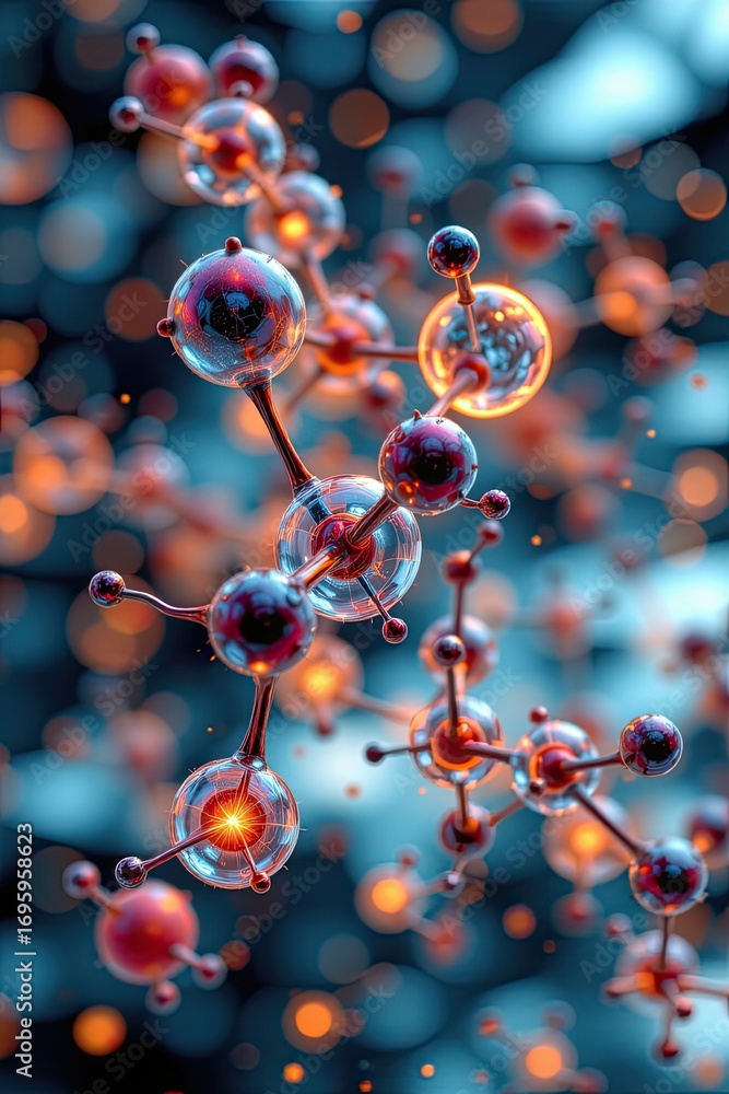 Poster abstract representation of molecular structures with glowing particles and colorful background in a 
