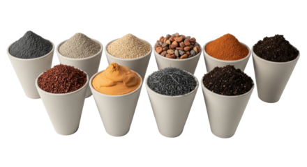 Ten unglazed light grey ceramic cones filled with distinct geological samples like volcanic ash and river gravel, on a transparent studio background. Concept of material science and geological study