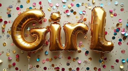 Festive background "Girl" from helium balloons letters newborn daughter congratulations. Postcard for newborn girl, with the birth of a daughter.	