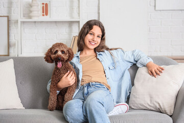 Teenage girl with Poodle dog sitting on sofa at home