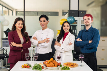 Successful business team, excited businessman feel happy work complete with champagne and pizza, celebration excellent financial results.