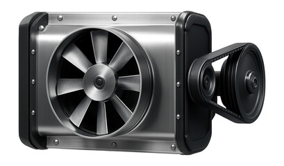 Naklejka premium Belt-driven multistage fan with a steel housing for use in manufacturing facilities.