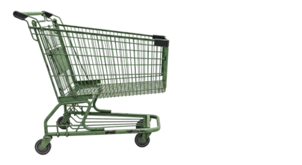 Worn, dull green metal shopping cart, chipped, dented, empty, on transparent background, copy space, precise side view, soft lighting, concept of urban decay