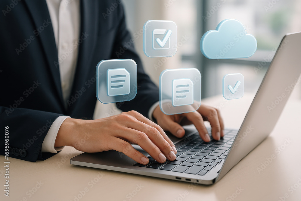Poster cloud computing concept with businessman typing on laptop keyboard and digital icons