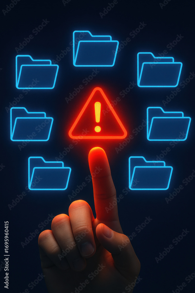 Poster warning alert symbol highlighted among digital folder icons with finger pointing